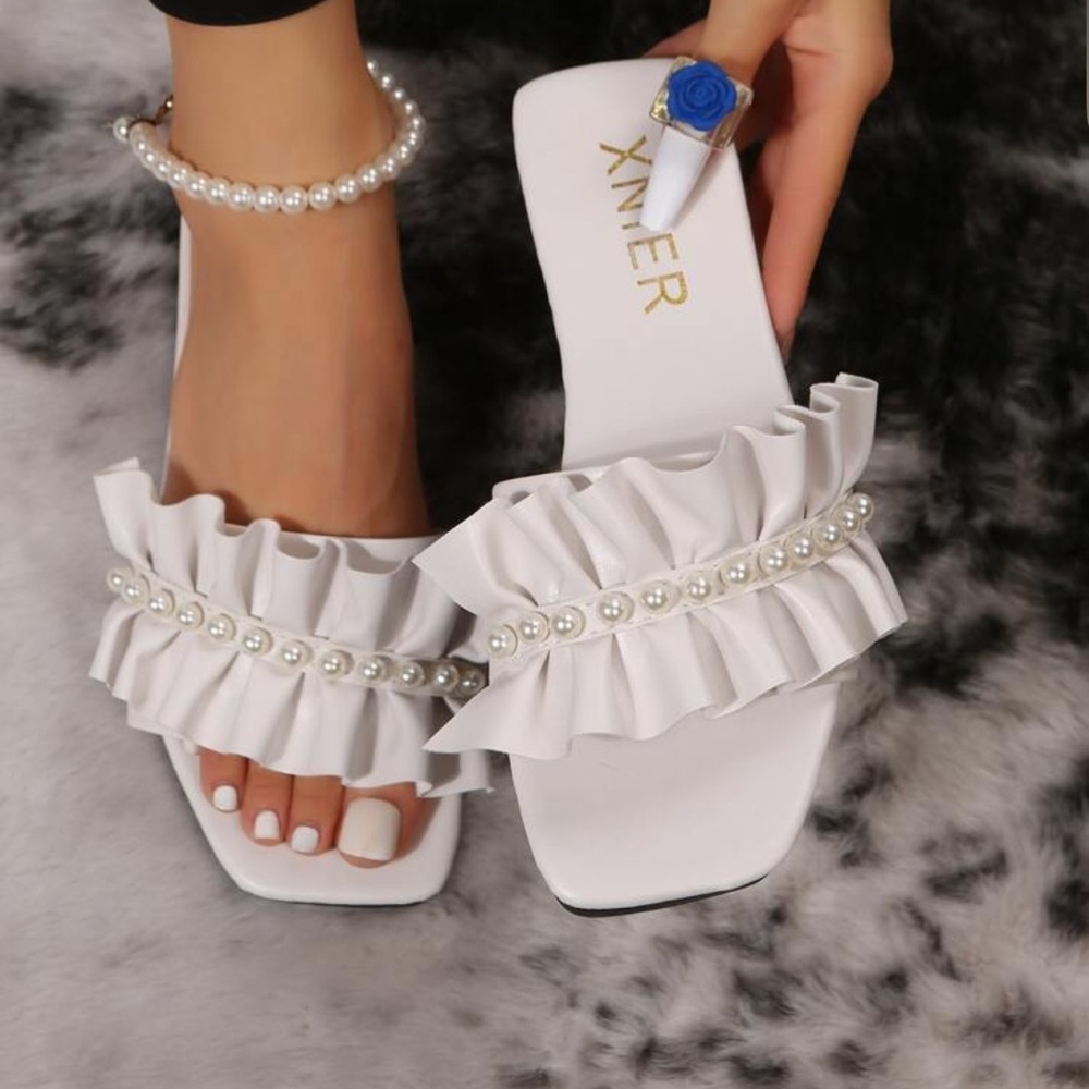 Shein White Pearl Ruffle Slide Sandals – Size 8 (39) - Picture 1 of 7
